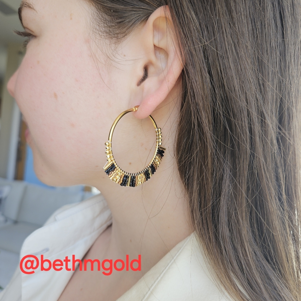 Beaded Hoop Earrings Black & Gold Miyuki Rice Beads - Picture 5 of 11